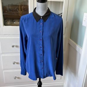 Beautiful Equipment femme France 100% silk shirt L royal blue with black collar